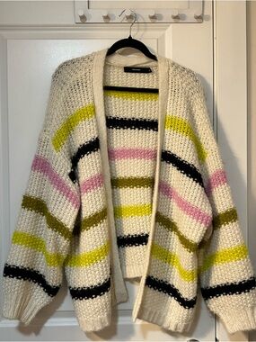 Vero Moda Ivory Open-Front Cardigan with Pink, Olive & Black Stripes